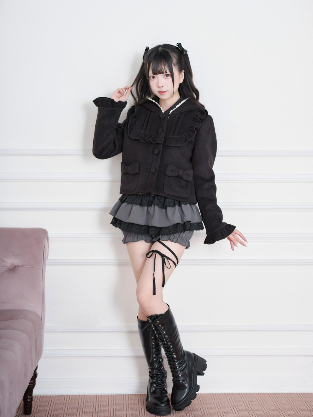 Ryousangata Hooded Solid Coat, Ruffled Neckline 45955:870342