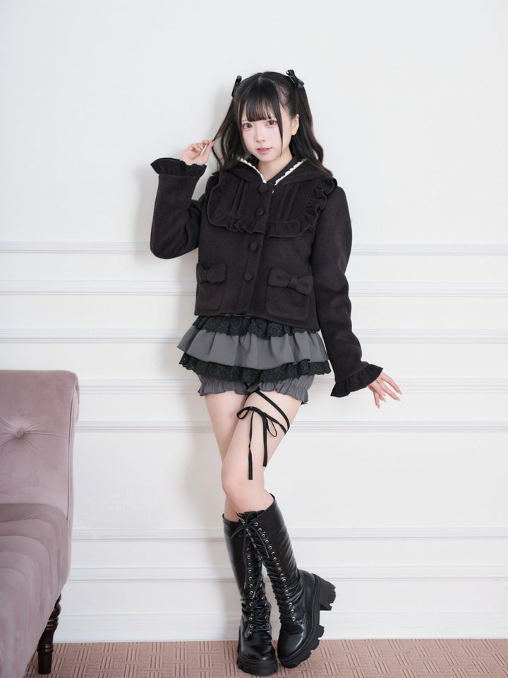 Ryousangata Hooded Solid Coat, Ruffled Neckline 45955:870342