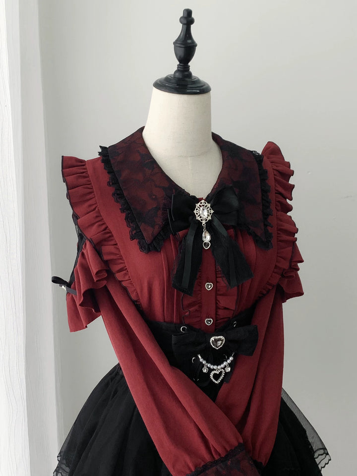 Jirai Kei Long Sleeve Blouse, Lace Overlay and Heart Buttons (L M S XL) 44589:815202