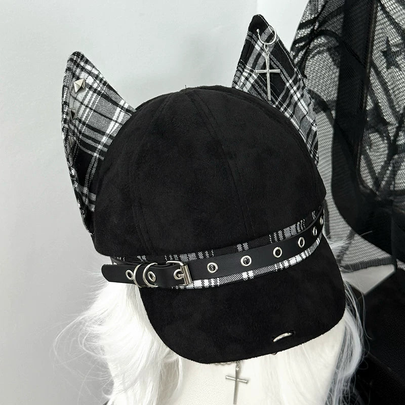 Punk Plaid Hat with Doberman Ears, Back Adjustable Strap (M) 45431:849924