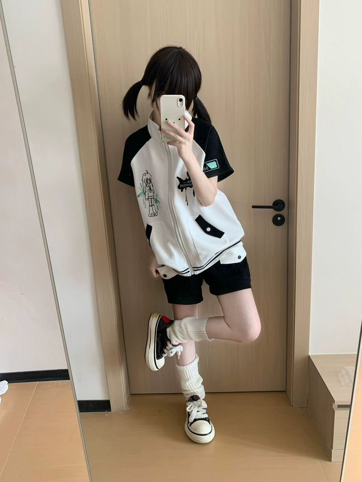 Jirai Kei Black Sport Set Loading Print Zip Jacket and Shorts 42895:757176
