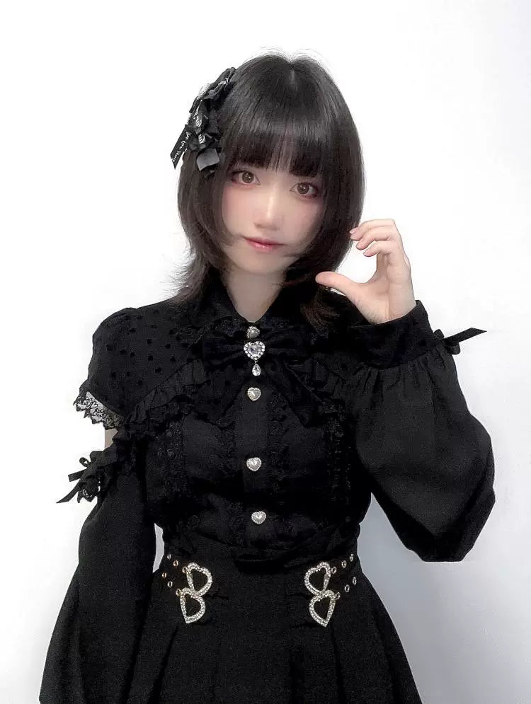 Jirai Kei Blouse Sweet Lace Long-sleeved Shirt (L M S XL) 34044:486462