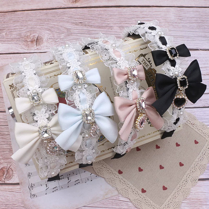 Jirai Kei Lace & Ribbon Headband, Heart-Shaped Rhinestone 45076:837736