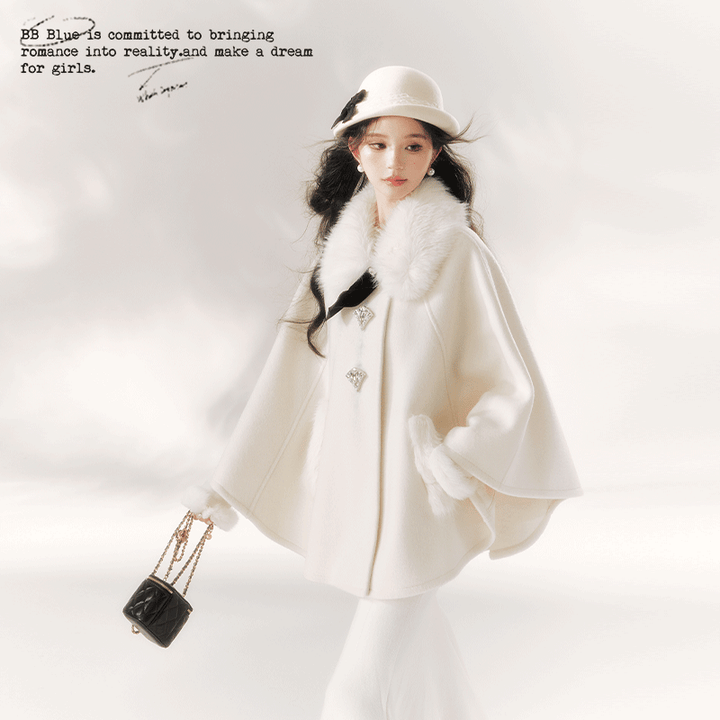 Jirai Kei Cape Woolen Coat Winter Fur Collar Coat 41062:685466