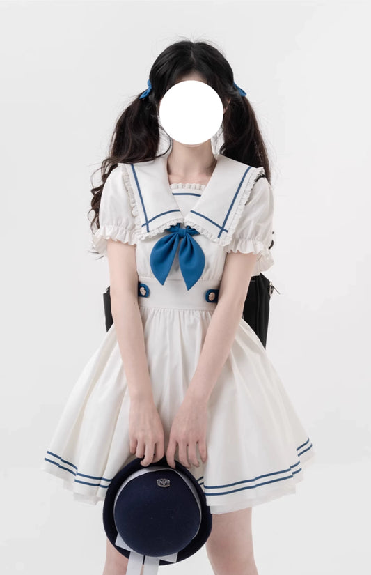 Preppy Dress Sailor Collar Dress White Short Sleeve Dress 36416:574314