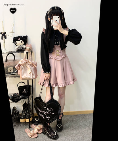 Jirai Kei White Black Blouse Lace Standing Collar Long Sleeved Shirt 31852:372714
