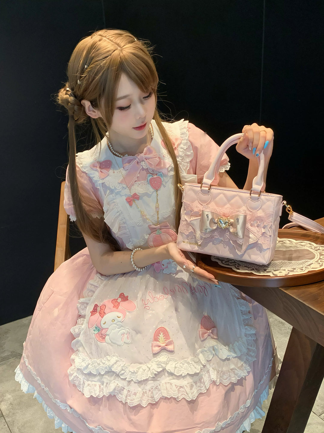 Ryousangata Square Handbag, Lace Bow & Diamond Quilting 45754:862828