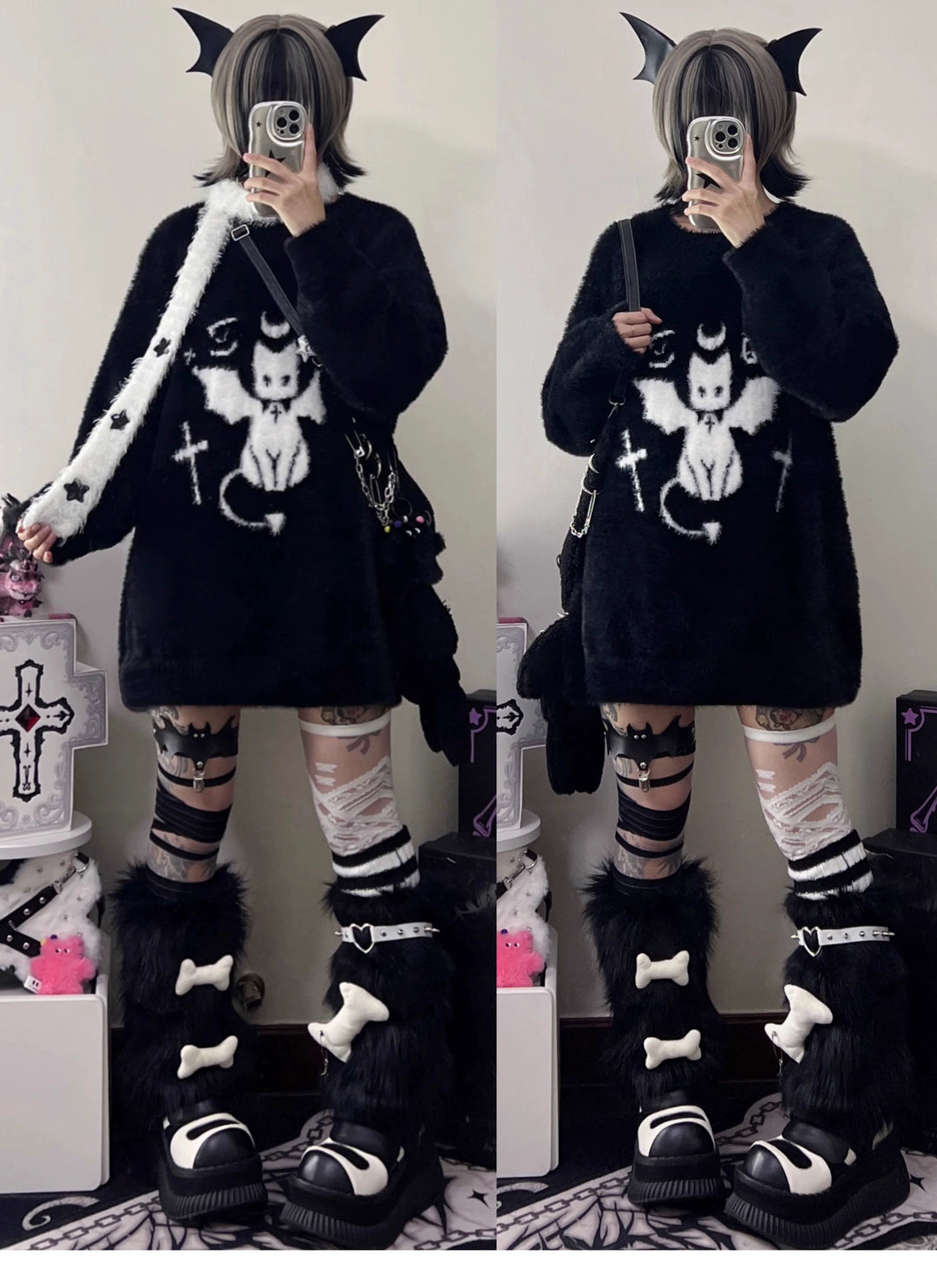 Yami Kawaii Sweater Devil Cat Black Loose Warm Top 39738:640306