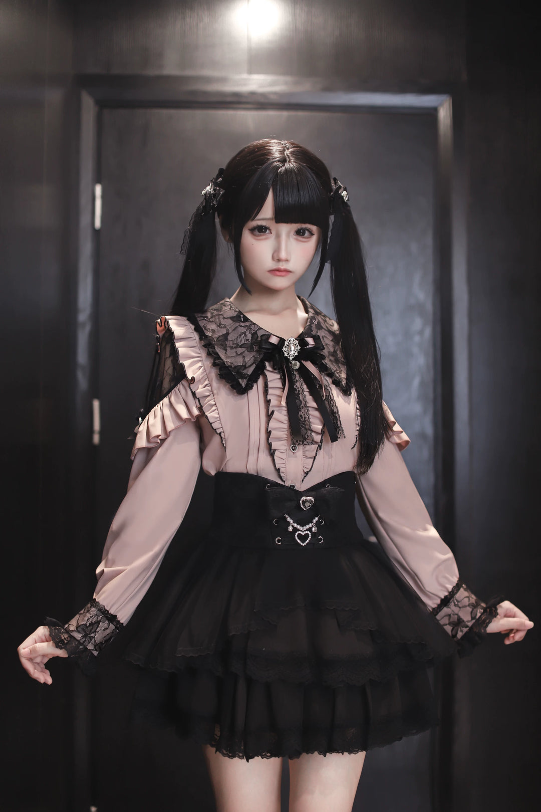 Jirai Kei Long Sleeve Blouse, Lace Overlay and Heart Buttons 44589:815196