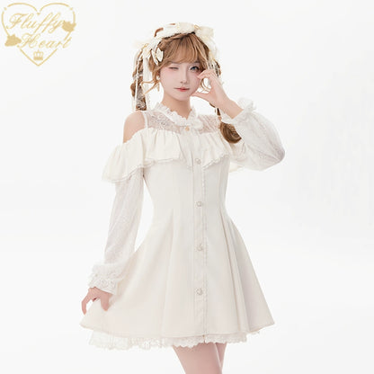 Jirai Kei Dress Set Ryousangata Dress Drop Shoulder Dress (2XL L M S XL / Beige) 37122:552016