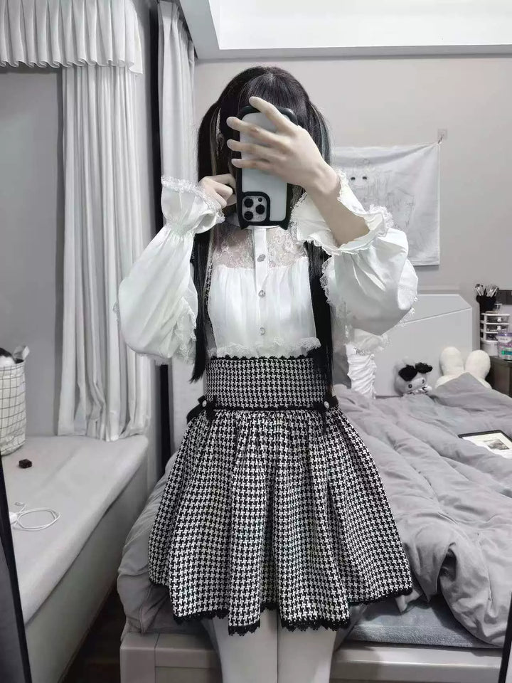 Jirai Kei Sheer Lace Shirt, Houndstooth Suspender Skirt 44894:827655