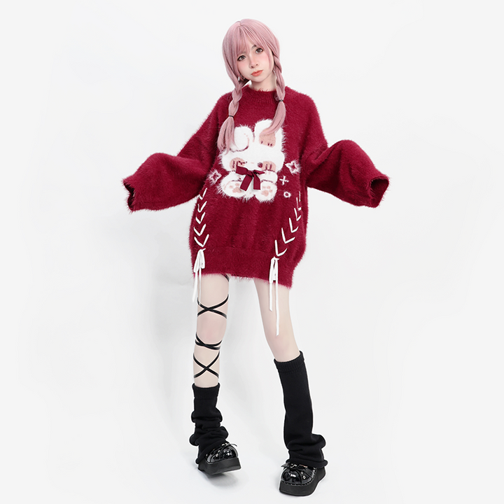 Kawaii Red Pagoda Sleeve Fluffy Strap Sweater 22756:326820