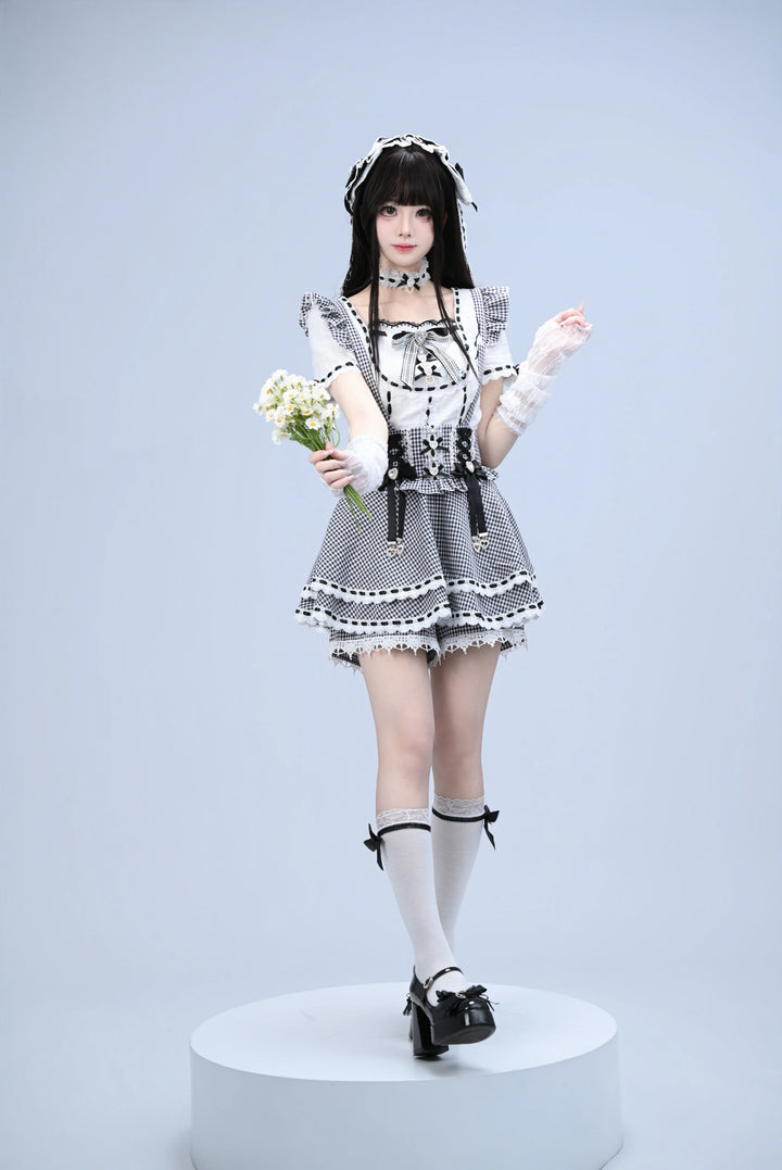 Jirai Kei Cotton Shirt, High-Waisted Suspender Skirt 45267:845210