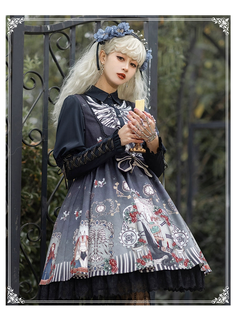 Gothic Lolita Dress Set Black White Lolita Blouse Dress Set Black dress+detachable bow / M Gothic Lolita Dress Set Black White Lolita Blouse Dress Set Black dress+detachable bow / M