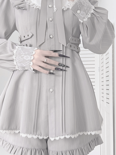 Jirai Kei Striped Dress, Lace Trim and Ruffles 45369:848091