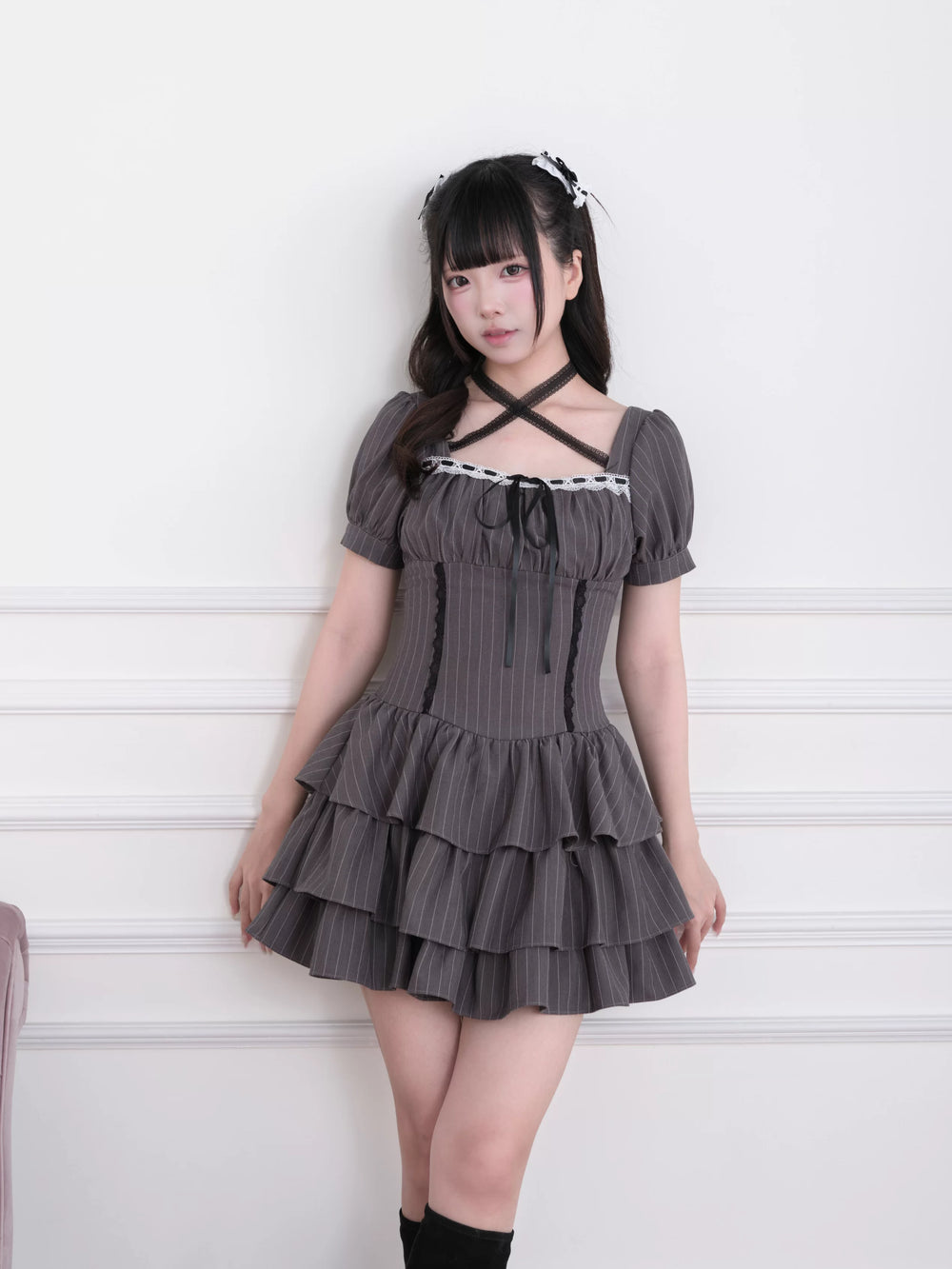 Jirai Kei Striped Halter Dress, Lace and Bow (M S) 45722:860234