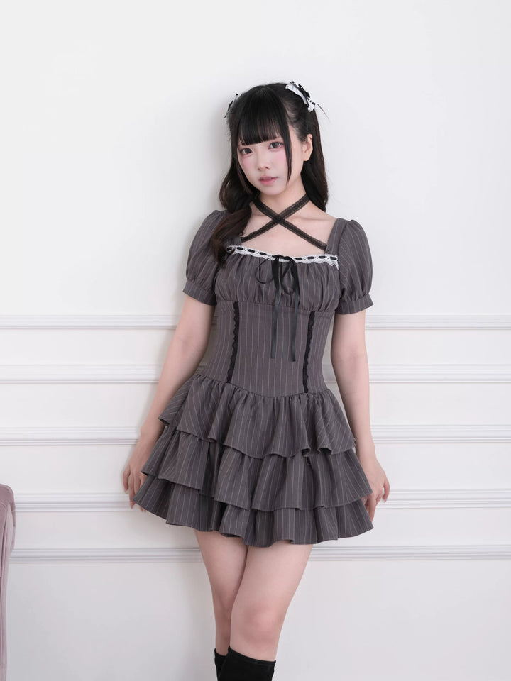 Jirai Kei Striped Halter Dress, Lace and Bow (M S) 45722:860234