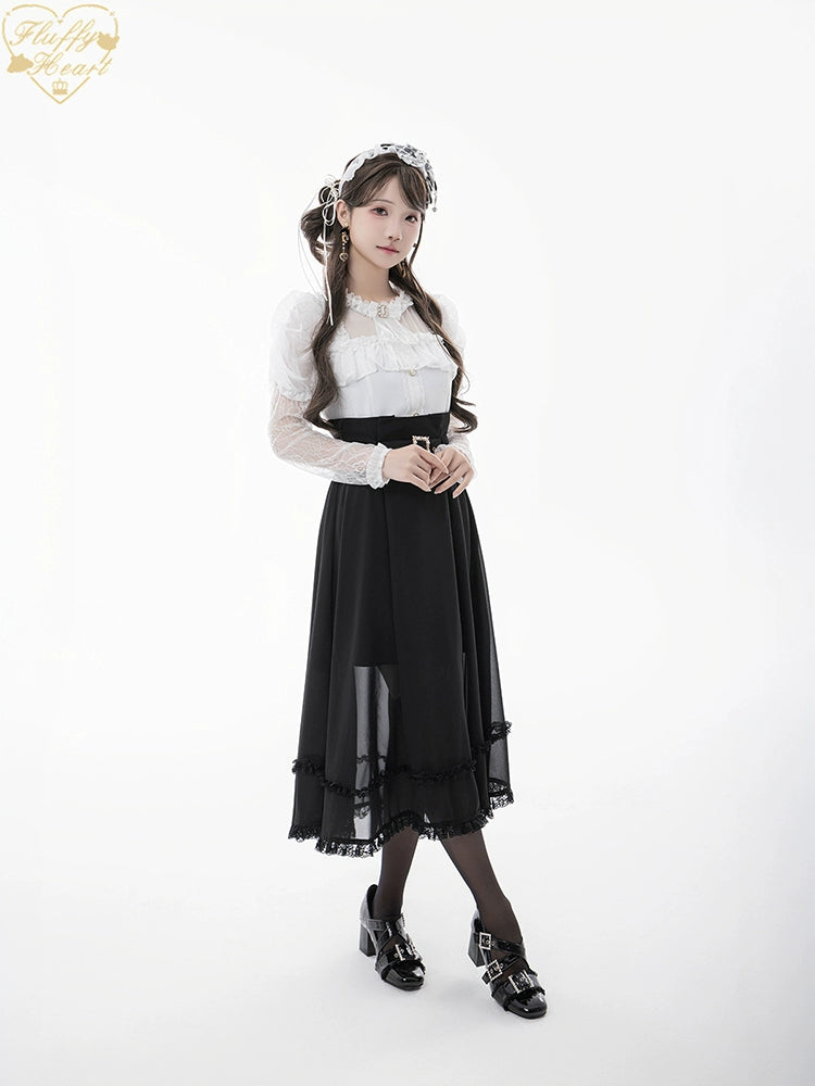 Lace-sleeves Jirai Kei Blouse & Voile Skirt With Detachable Belt 42954:758891