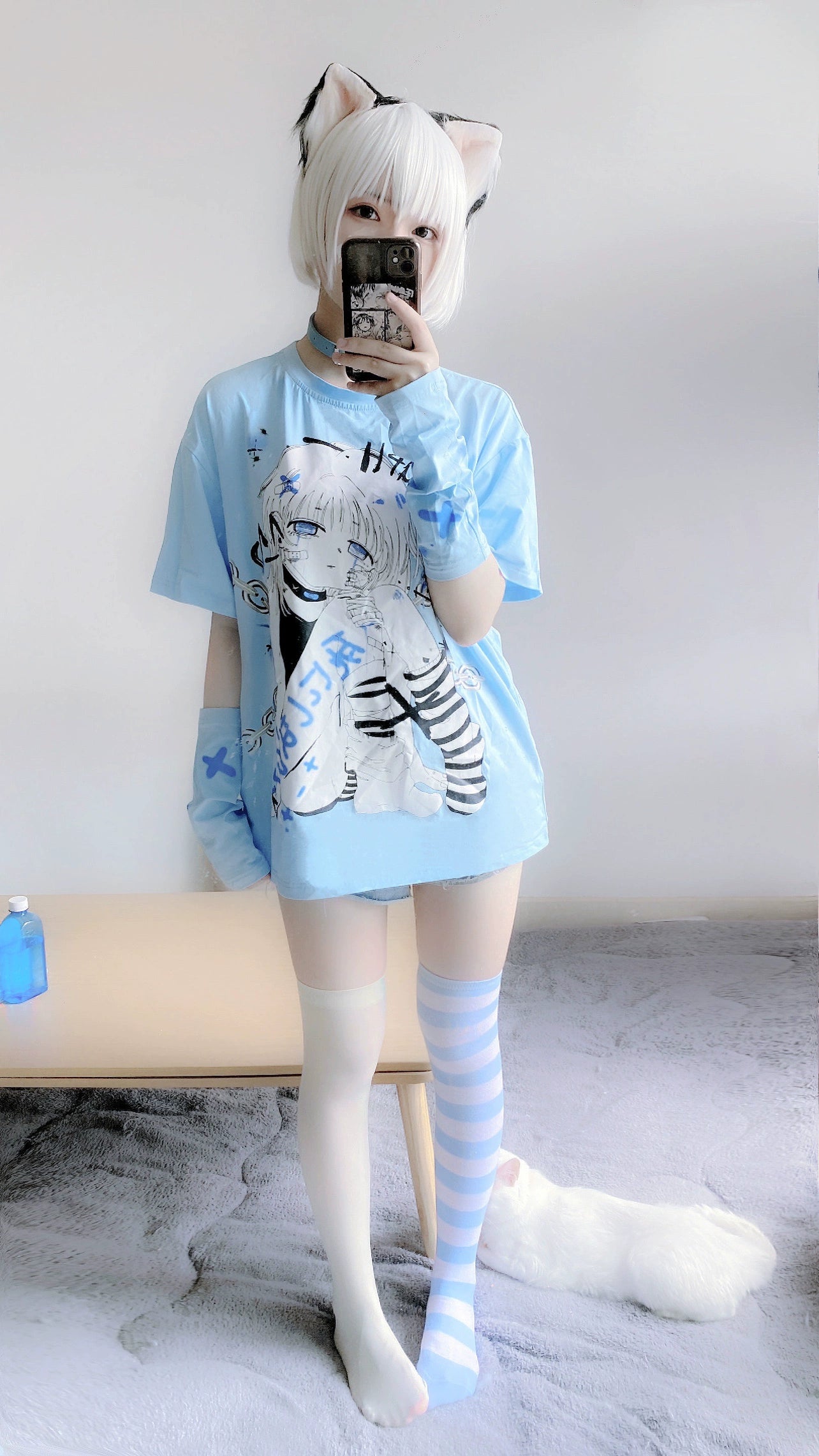 Jirai Kei T-shirt Short Sleeve Blue Cotton T-shirt 35828:506590