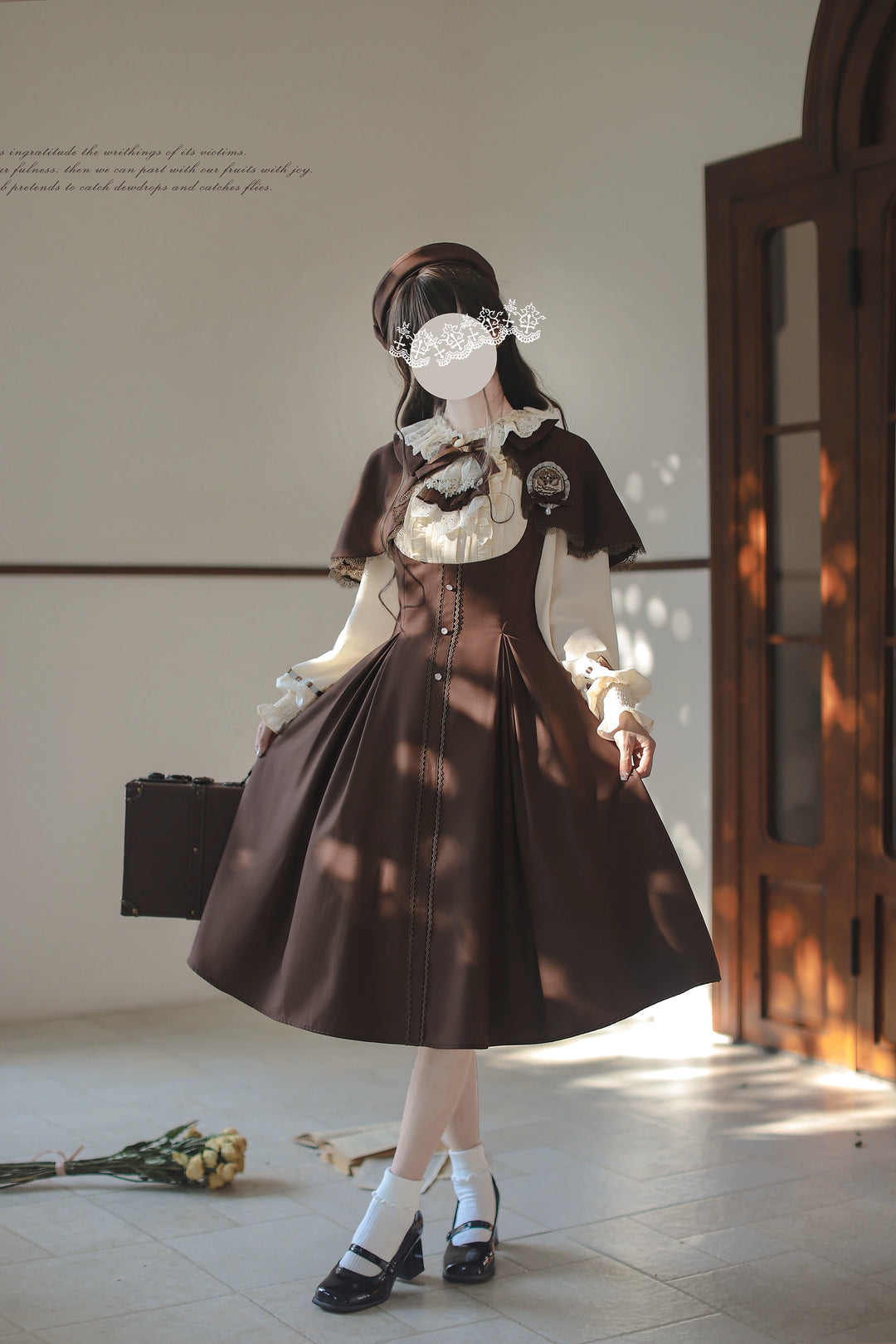 Elegant Lolita Brown and Beige OP Dress Set 44124:797956