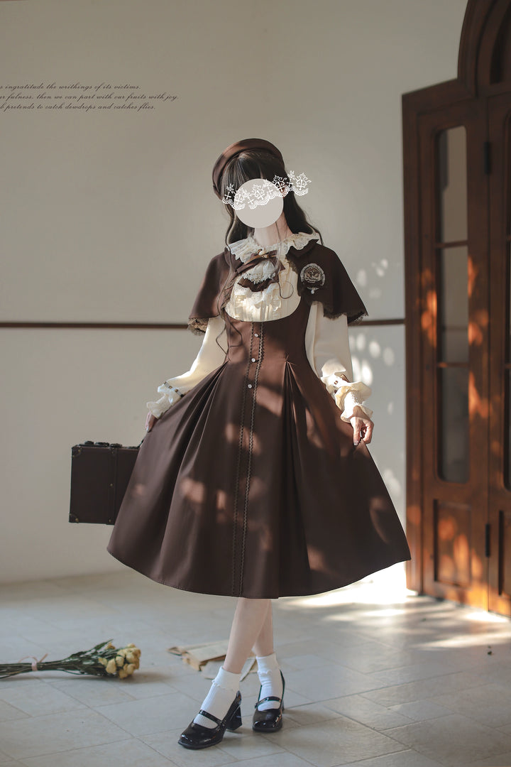 Elegant Lolita Brown and Beige OP Dress Set 44124:797956