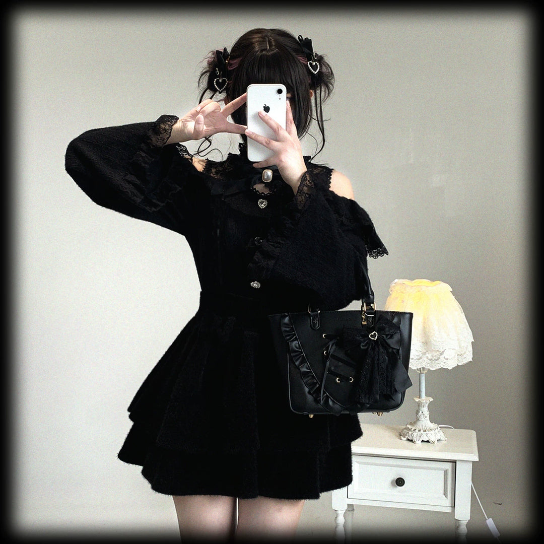 Jirai Kei Off-Shoulder Sweater, Lace Neck 44471:811037