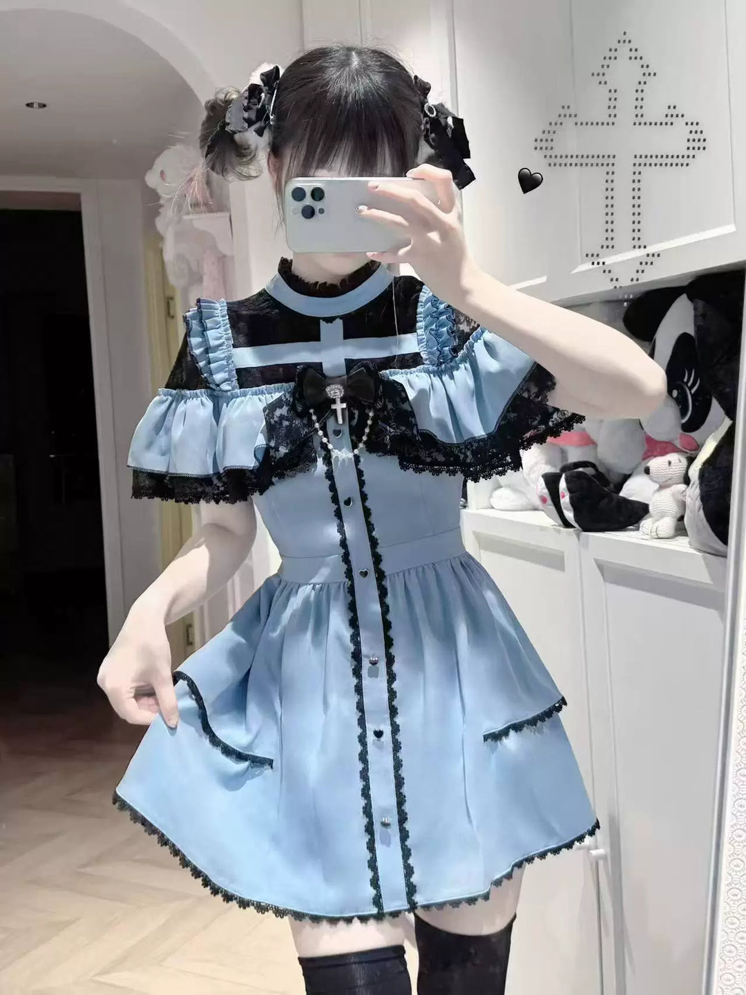 Flounce Cape Jirai Kei Dress, Cross Pendant (2XL L M S XL) 43780:785548