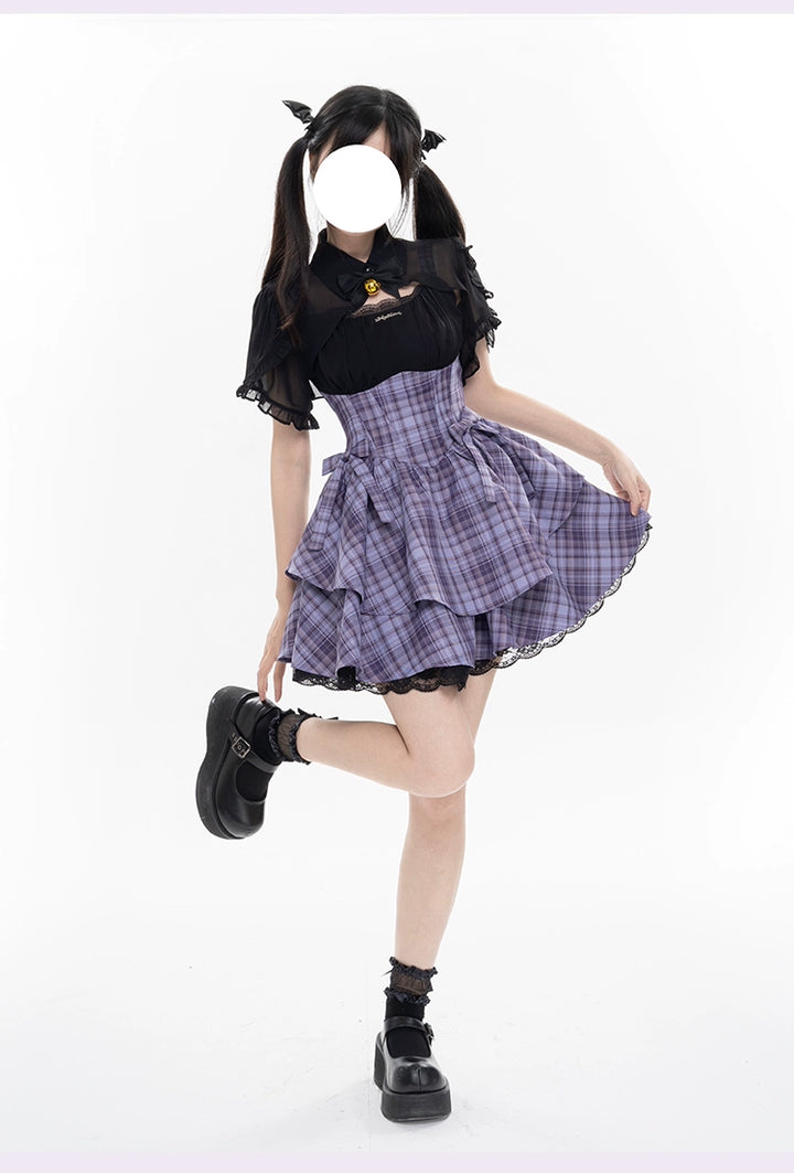 Gyaru Purple Plaid Dress With Lace Trim And Black Bolero 22508:323410