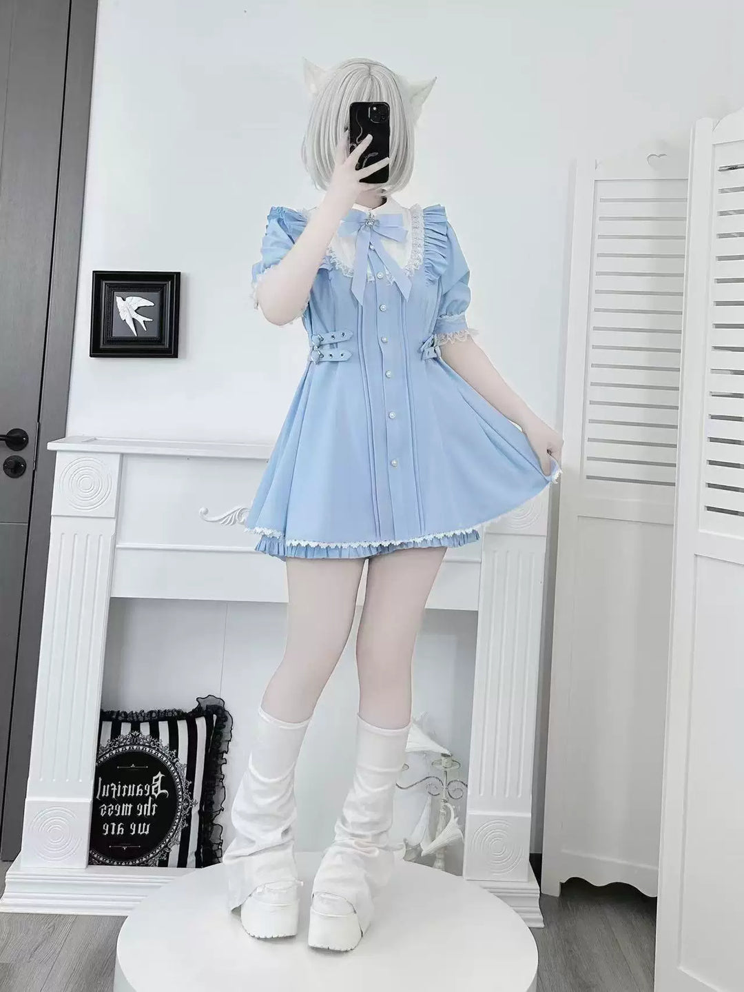 Jirai Kei Striped Dress, Lace Peter Pan Collar 45561:855066