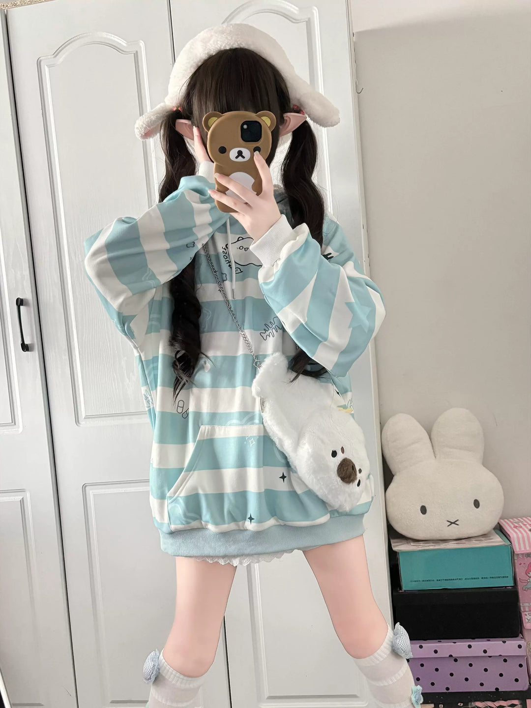 Subculture Hoodie Blue Ghost Baby Bunny Ear Fleece Top 41146:692320