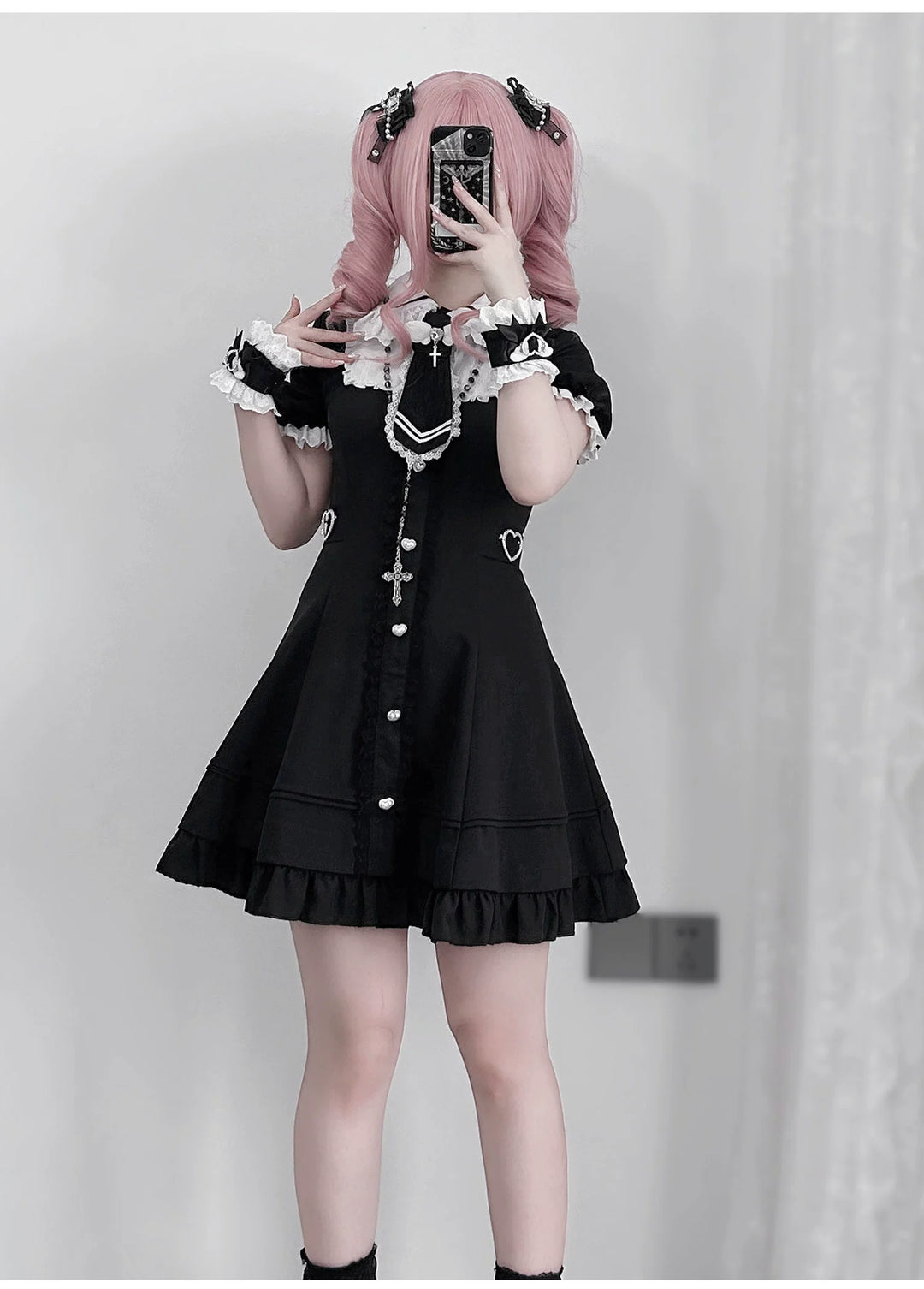Black and White Jirai Kei Dress, Back Lace-Up 43613:780934