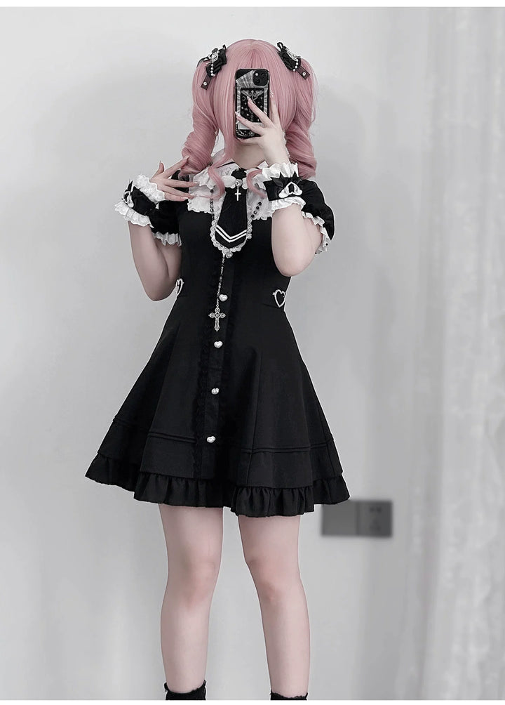 Black and White Jirai Kei Dress, Back Lace-Up 43613:780934