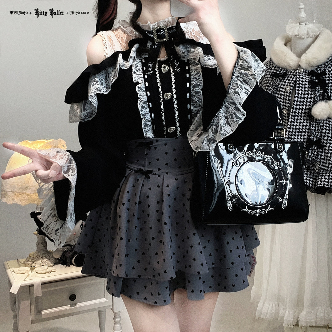 Lace Open-Shoulder Jirai Kei Blouse, Long Sleeves 44004:793092