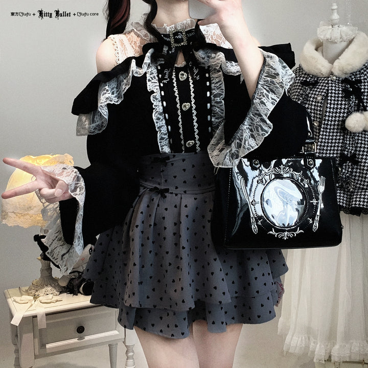 Lace Open-Shoulder Jirai Kei Blouse, Long Sleeves 44004:793092