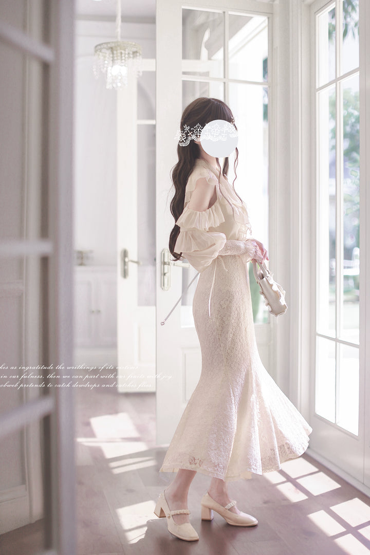 Elegant Open-Shoulder Blouse, Lace Mermaid Skirt 44039:793645