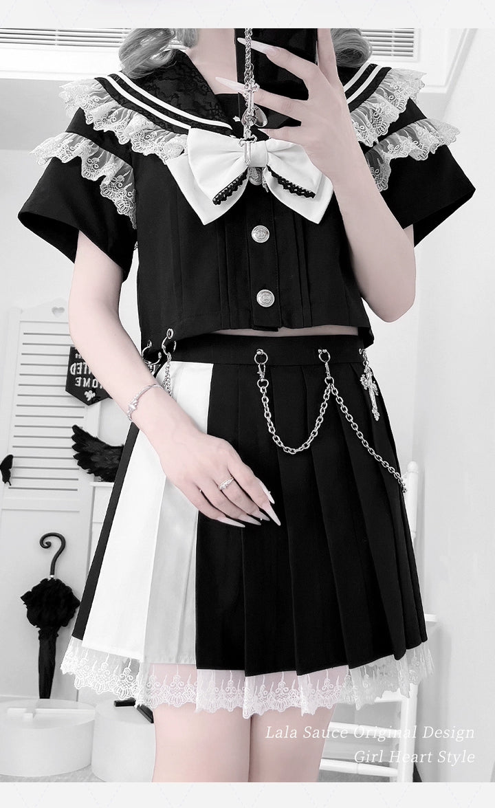 Lace Sailor Collar Gothic Skirt Suit, Detachable Waist Chain 43626:781394