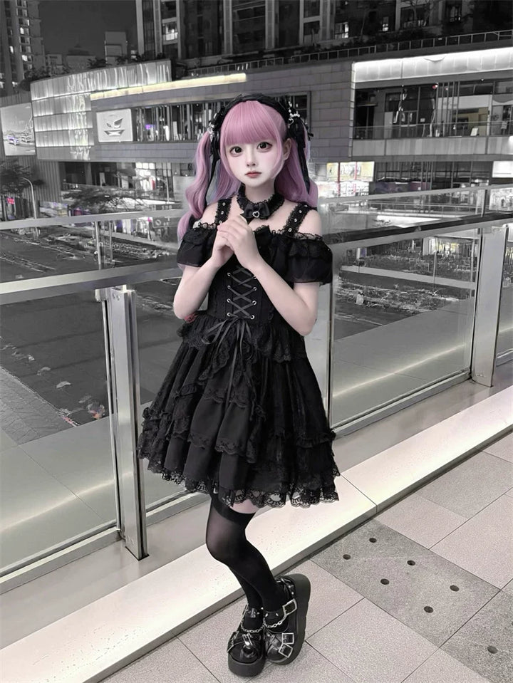 Black Jirai Kei Open Shoulder Dress, Rhinestone Strap 44950:832341