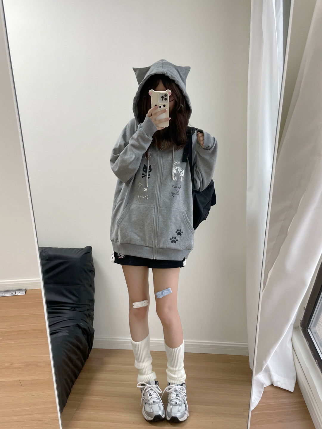 Yami Kawaii Coat Skull Cat Print Grey Hoodie Jacket 39706:637128