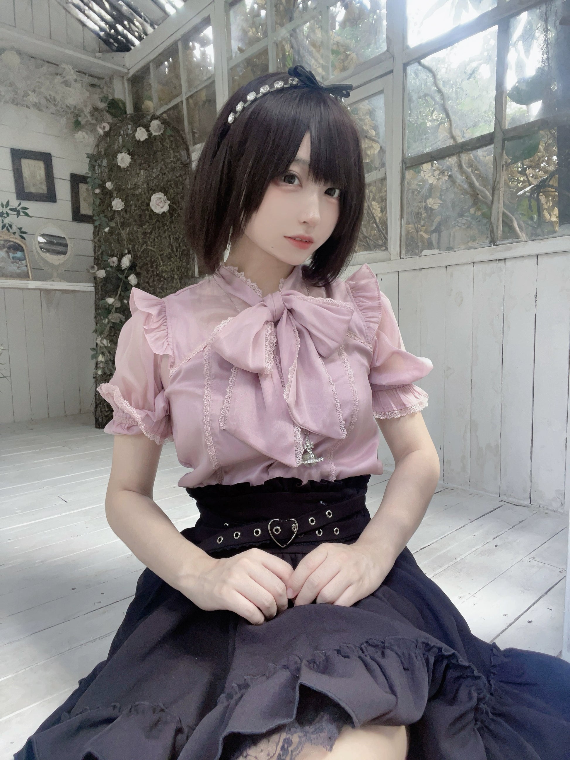Jirai Kei Blouse Black White Pink Shirt Bowknot Short Sleeve Shirt 31994:425566