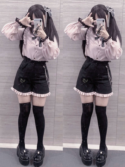 Jirai Kei Lace Collar Long Short Sleeve Blouse and Shorts 21648:314874
