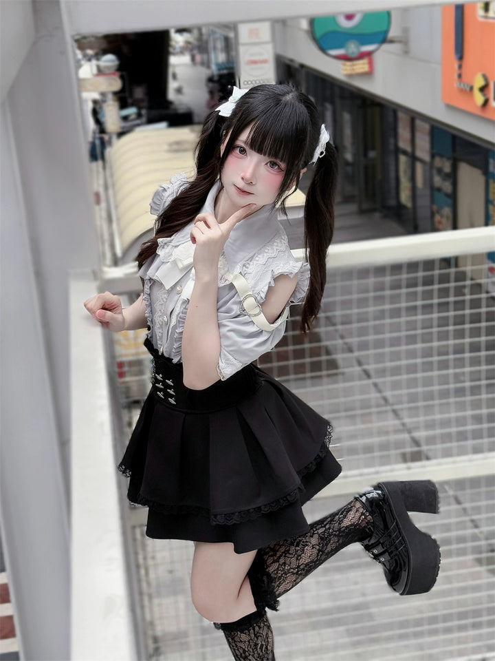 Black Jirai Kei Skirt High Waistband With Rhinestones 43246:770988