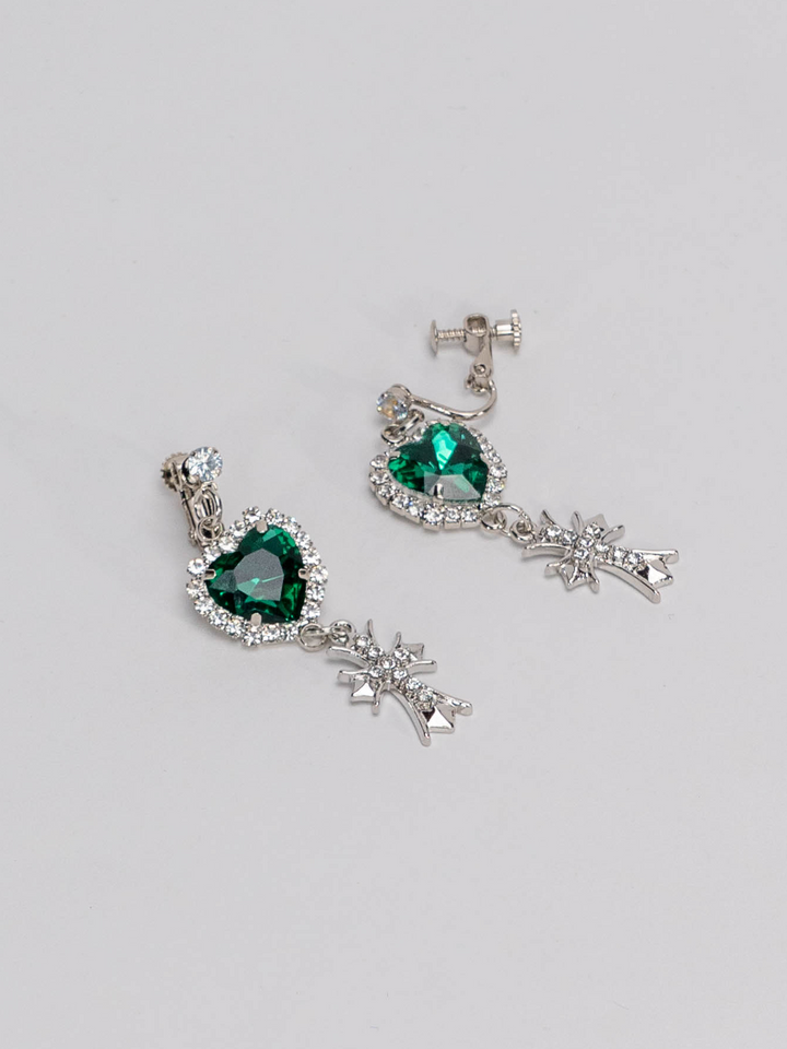 Jirai Kei Heart-Shaped Rhinestone Cross Earrings 21626:310028 21626:310028