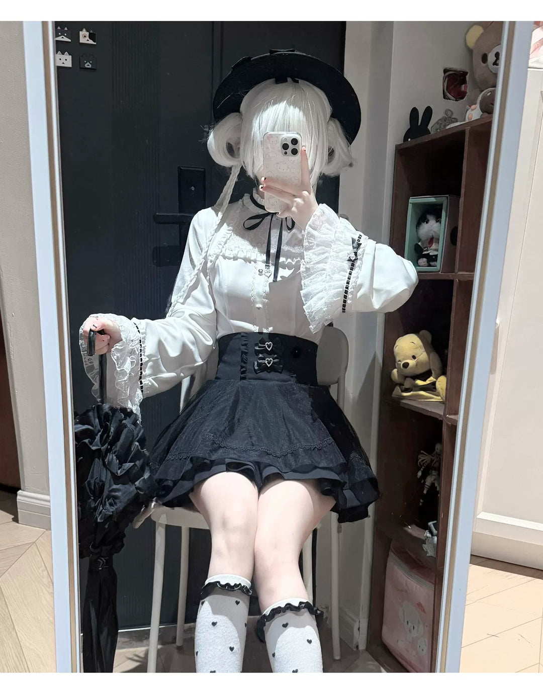 Jirai Kei Flared Sleeve Blouse, Double-Layered Skirt 45260:842946