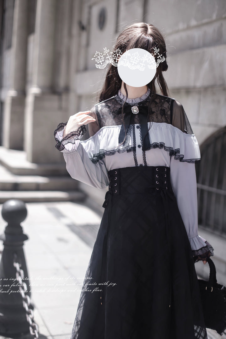 Seiso Kei Lace Blouse and High-Waisted Lace-Up Skirt (L M S XL) 43788:785854