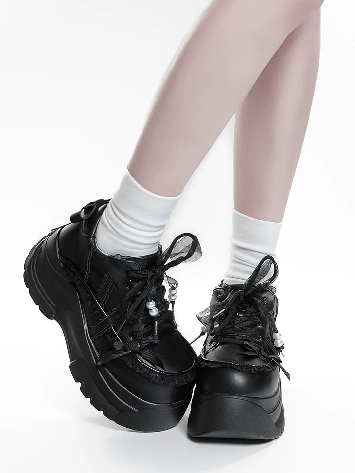 Jirai Kei High Platform Shoes, Lace Details (Black / 35 36 37 38 39 40 41 42) 45748:861609