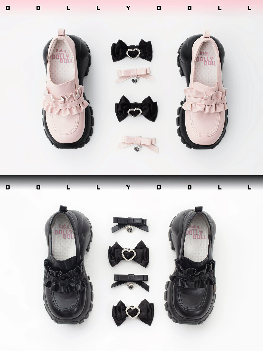 JK Uniform Pink Black Platform Shoes With Bow Ties 21892:332006 21892:332006