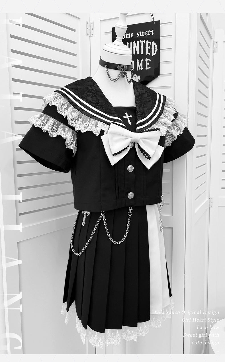Lace Sailor Collar Gothic Skirt Suit, Detachable Waist Chain 43626:781397