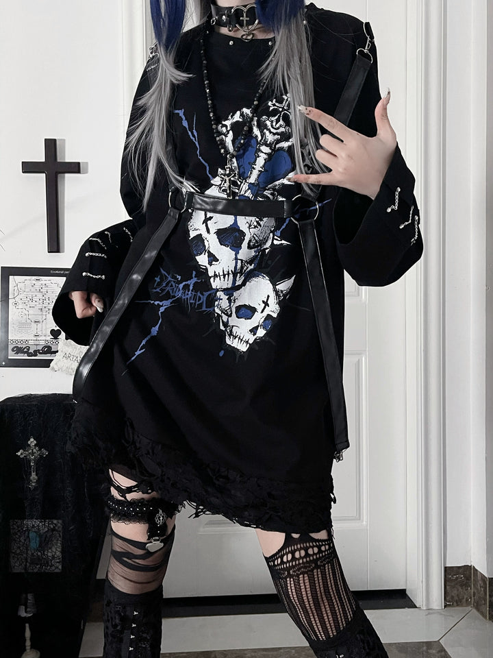 Gothic Printed Long Sleeve Tee, Detachable Strap 44336:804638