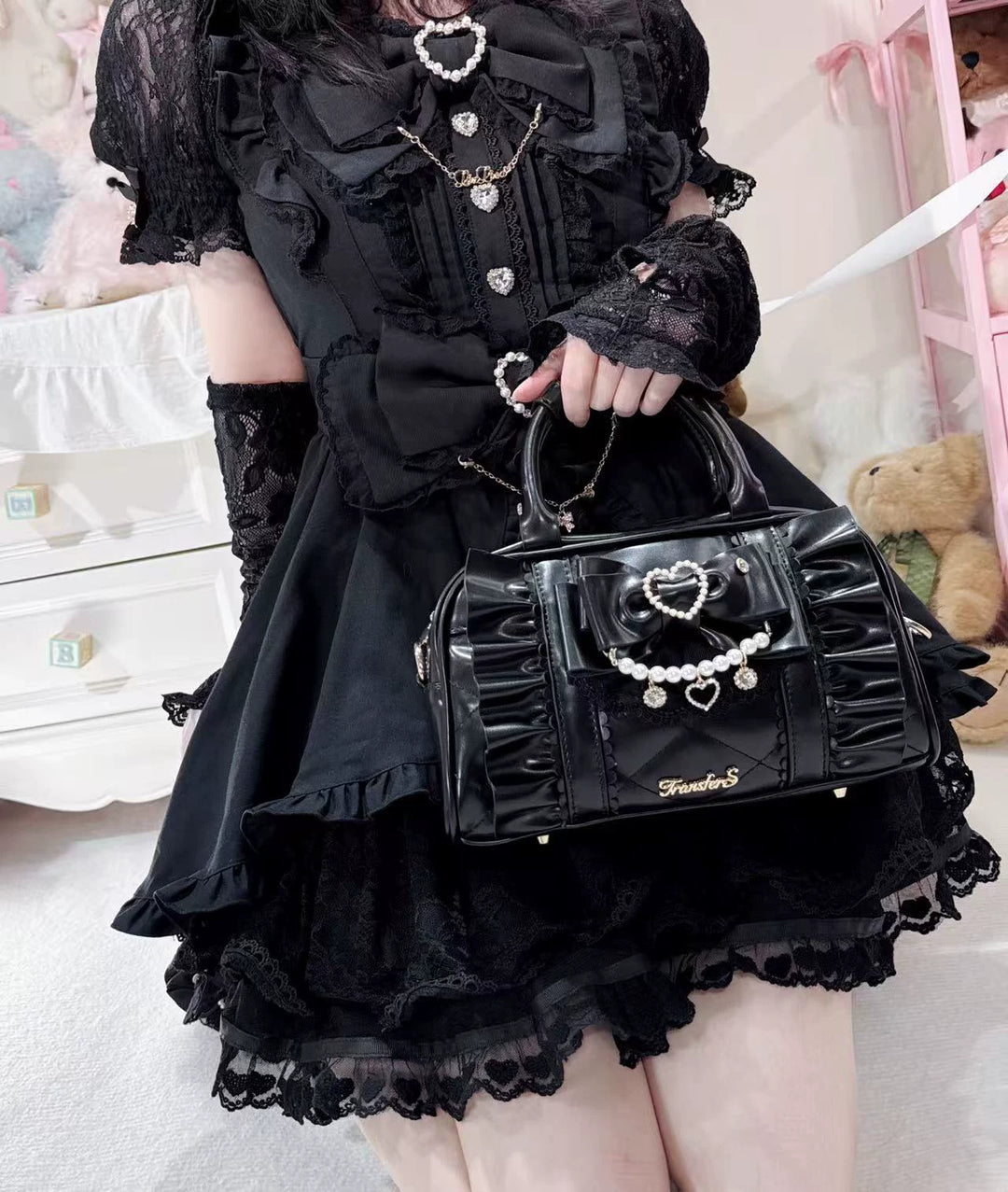 Jirai Kei 2-Way Handbag, Bow-Pearl Side Charm 44558:813657