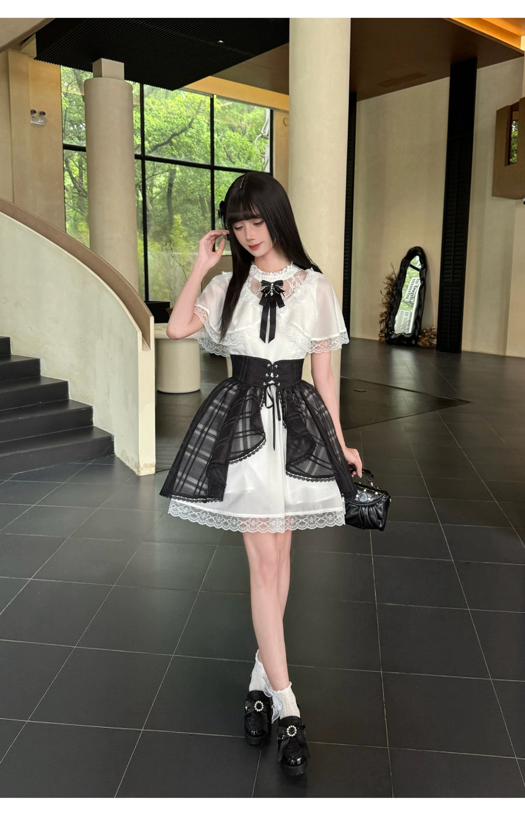 Seiso Kei Dress with Faux Two-Piece Shawl, Sheer Overlay 45621:860330